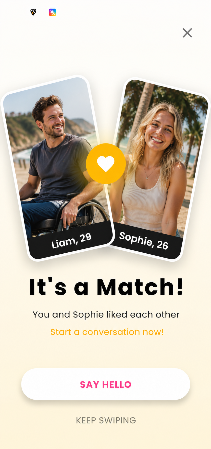 PairAble app match screen showing two people connecting